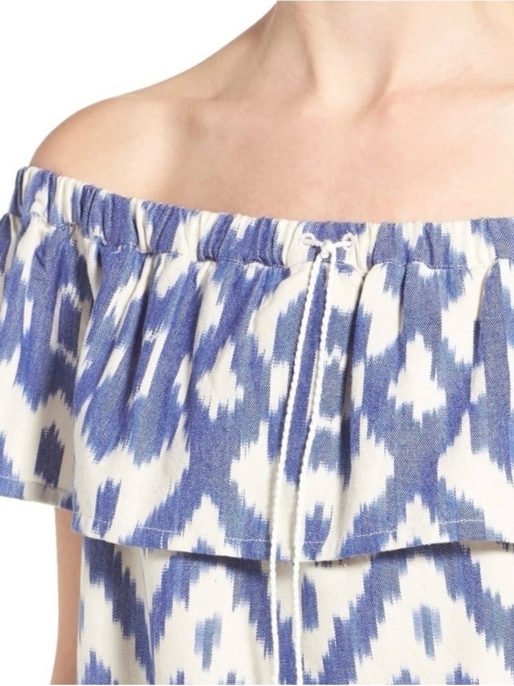 Madewell Blue & White Off-Shoulder Ikat Balcony Blouse Coastal Beach Summer Top - Picture 3 of 12